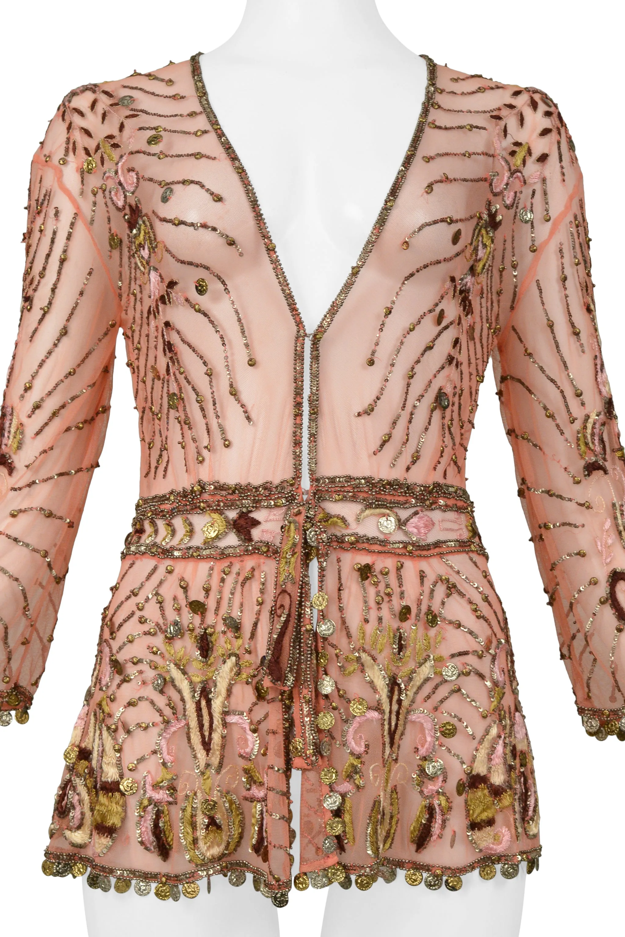 ROBERTO CAVALLI PINK BEADED & EMBROIDERED MESH FANCY JACKET WITH GOLD COINS 2004