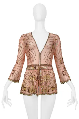 ROBERTO CAVALLI PINK BEADED & EMBROIDERED MESH FANCY JACKET WITH GOLD COINS 2004