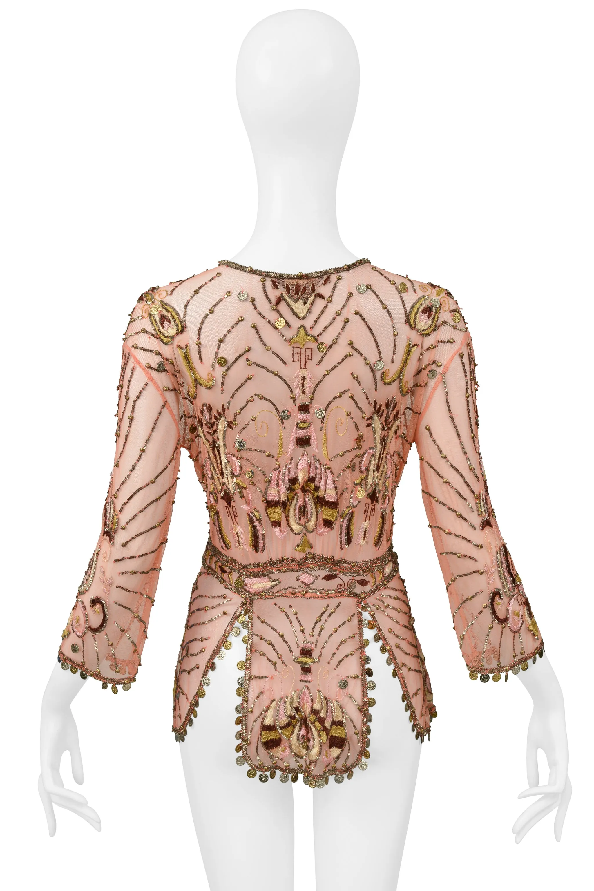 ROBERTO CAVALLI PINK BEADED & EMBROIDERED MESH FANCY JACKET WITH GOLD COINS 2004