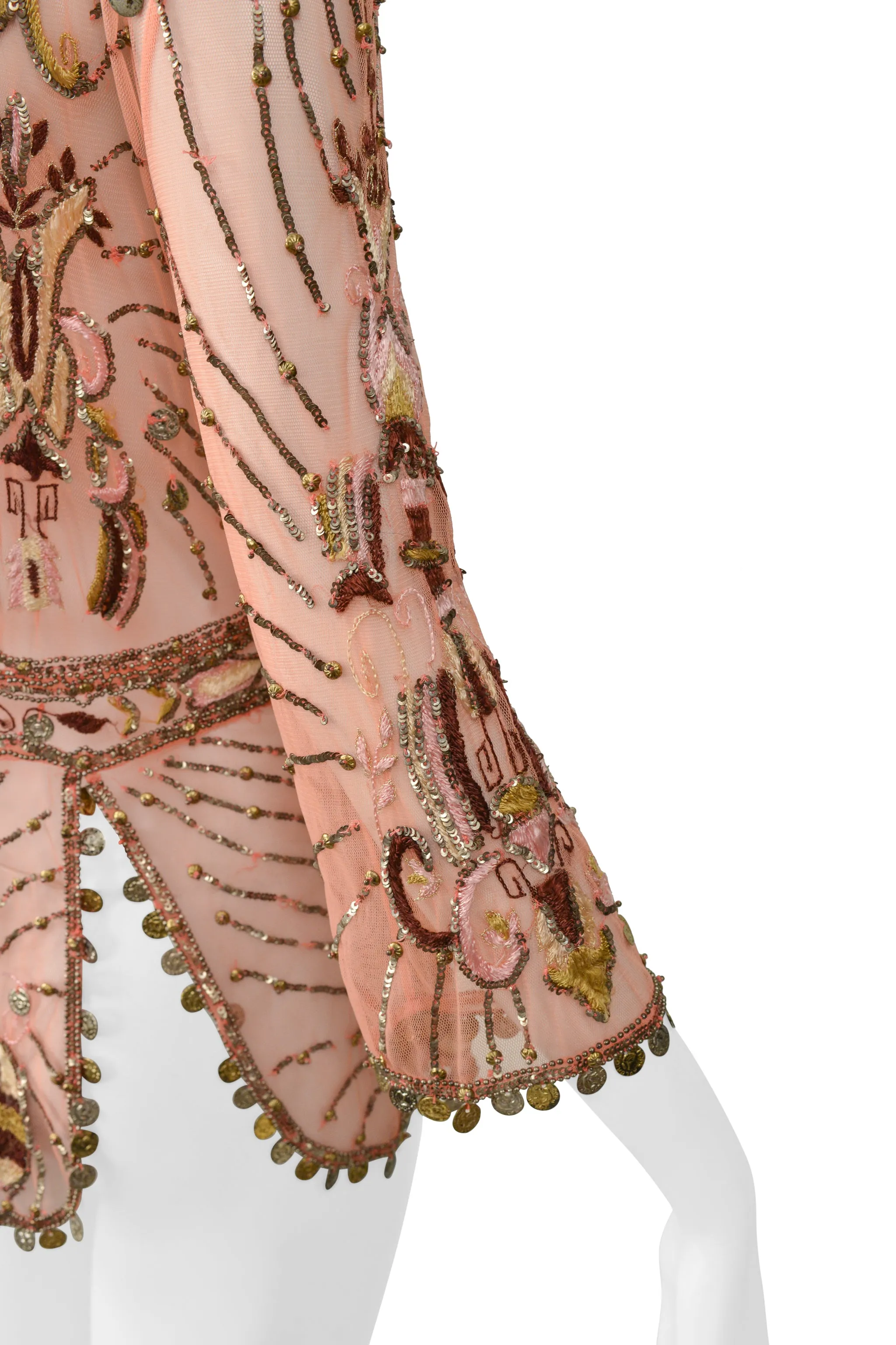 ROBERTO CAVALLI PINK BEADED & EMBROIDERED MESH FANCY JACKET WITH GOLD COINS 2004