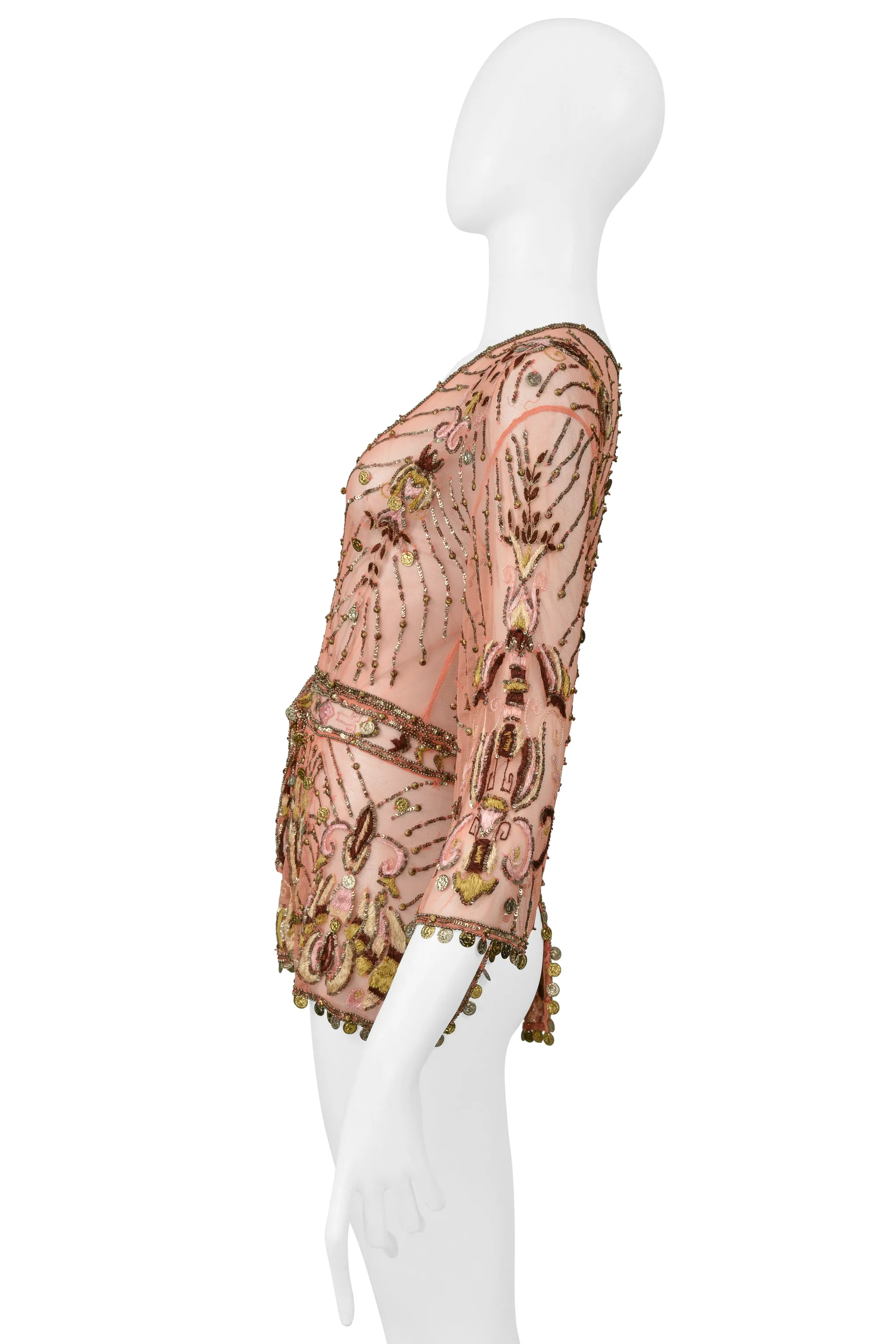 ROBERTO CAVALLI PINK BEADED & EMBROIDERED MESH FANCY JACKET WITH GOLD COINS 2004