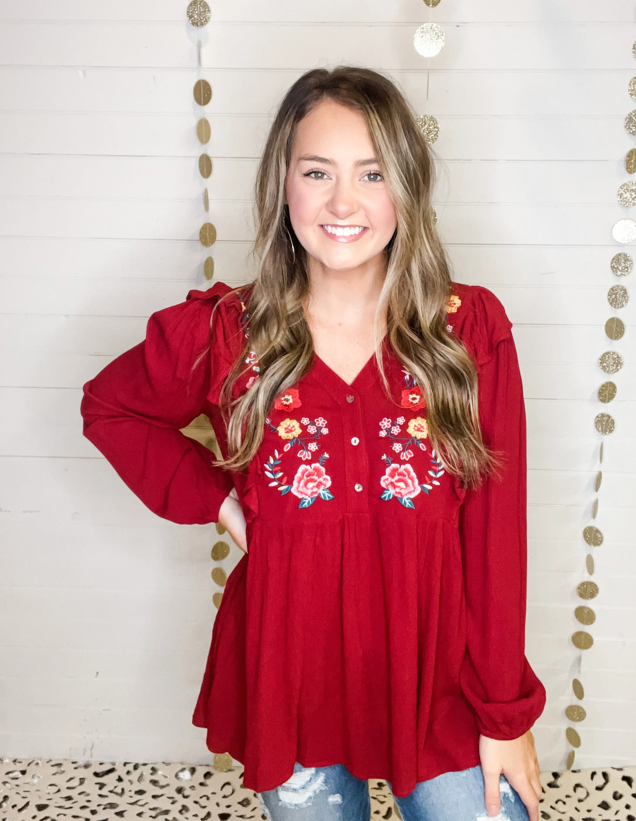 Ruffle my Embroidery Long Sleeve Top