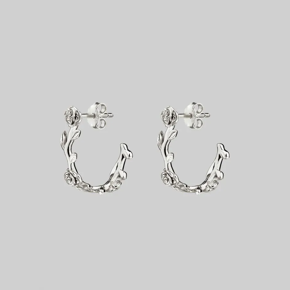 SARAH. Rose Foliage Hoops - Silver