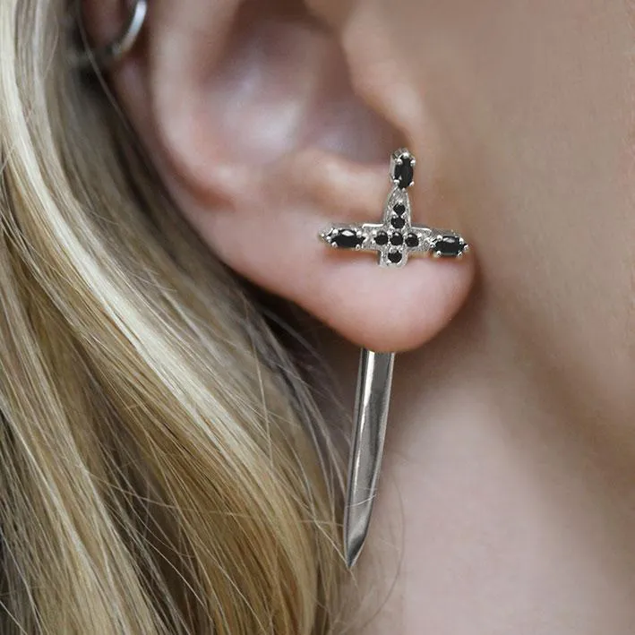 SLAY. Black Spinel Silver Dagger Single Earring