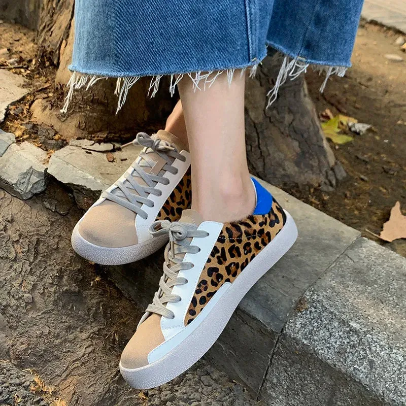 TAVIMART  -  Women White Shoes Split Leather Woman Loafers Lace-Up Comfortable Flat Shoes Horsehair Leopard Footwear for Women Round Toe