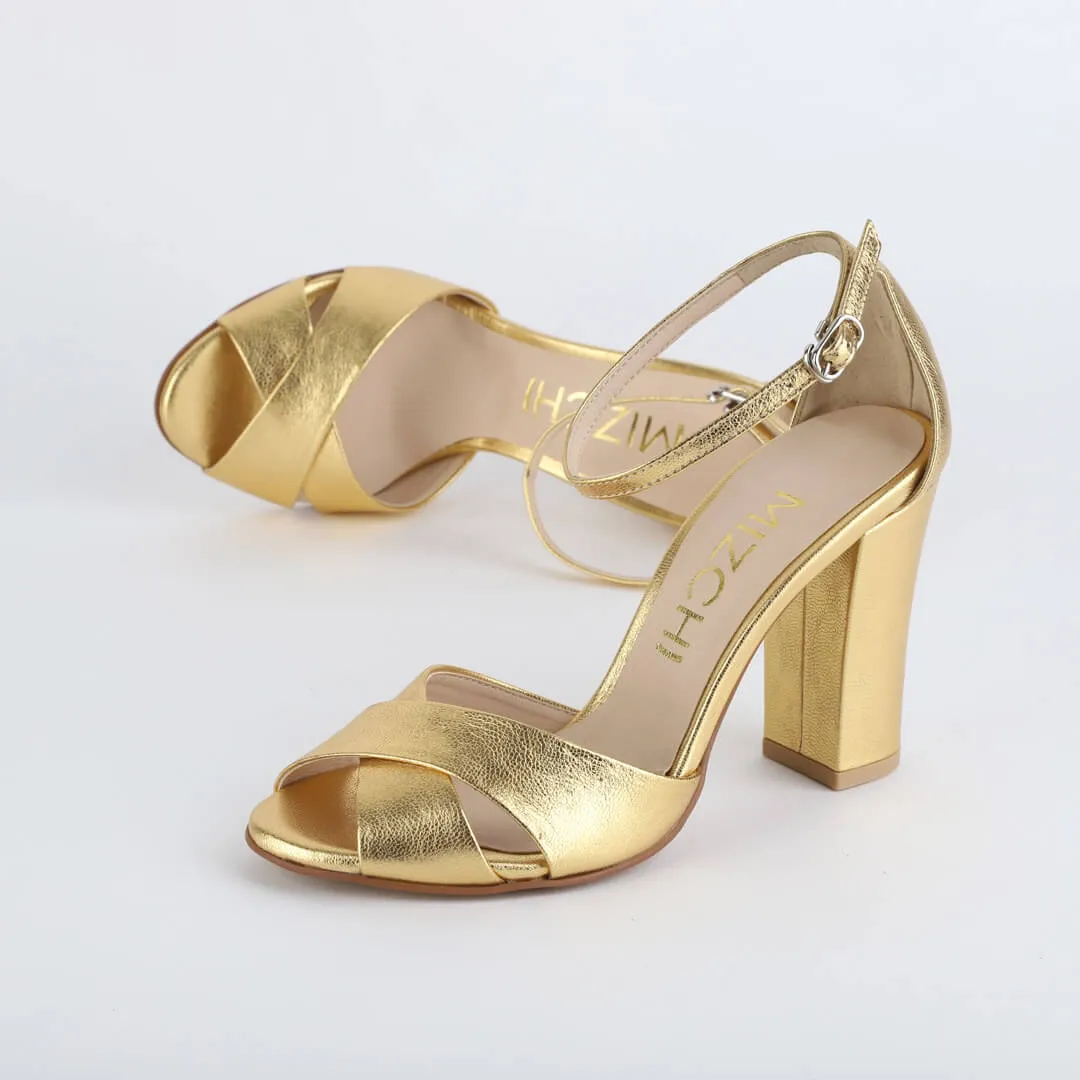 *UK size 2.5 - ALOVE  LEATHER - gold, 9cm heels