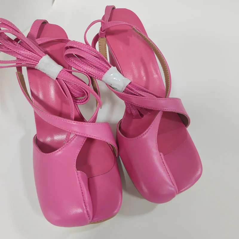 VCshoes Pink Split Toe Cross Buckle High Heel Women's Sandals