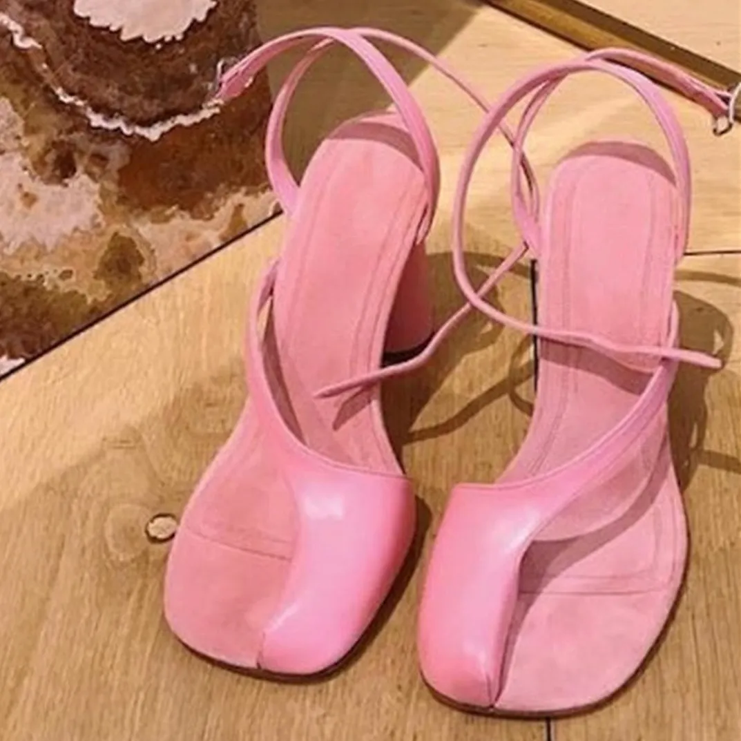 VCshoes Pink Split Toe Cross Buckle High Heel Women's Sandals