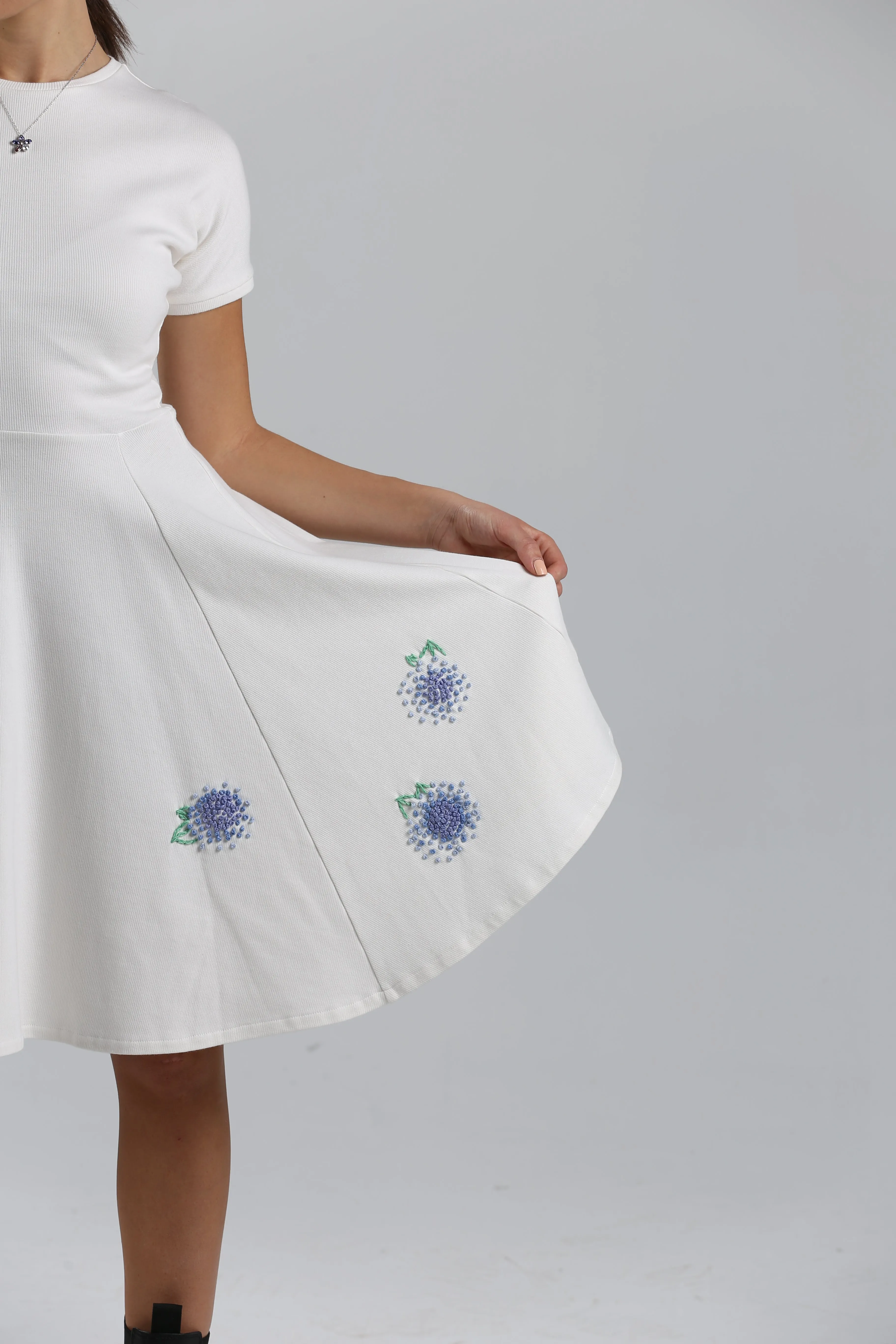 White Ribbed Cotton Classic Dress with Handmade Hydrangeas Embroidery