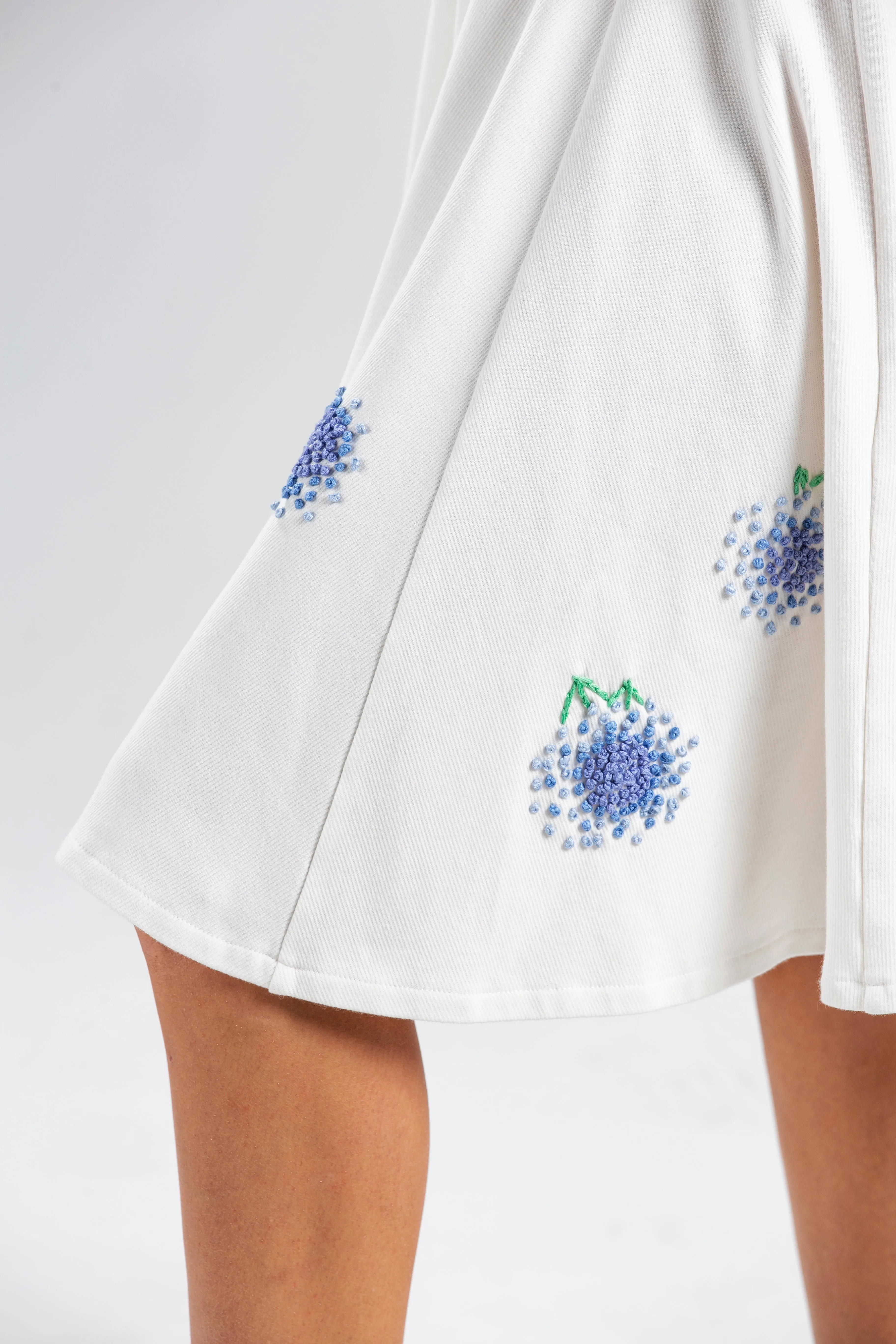 White Ribbed Cotton Classic Dress with Handmade Hydrangeas Embroidery