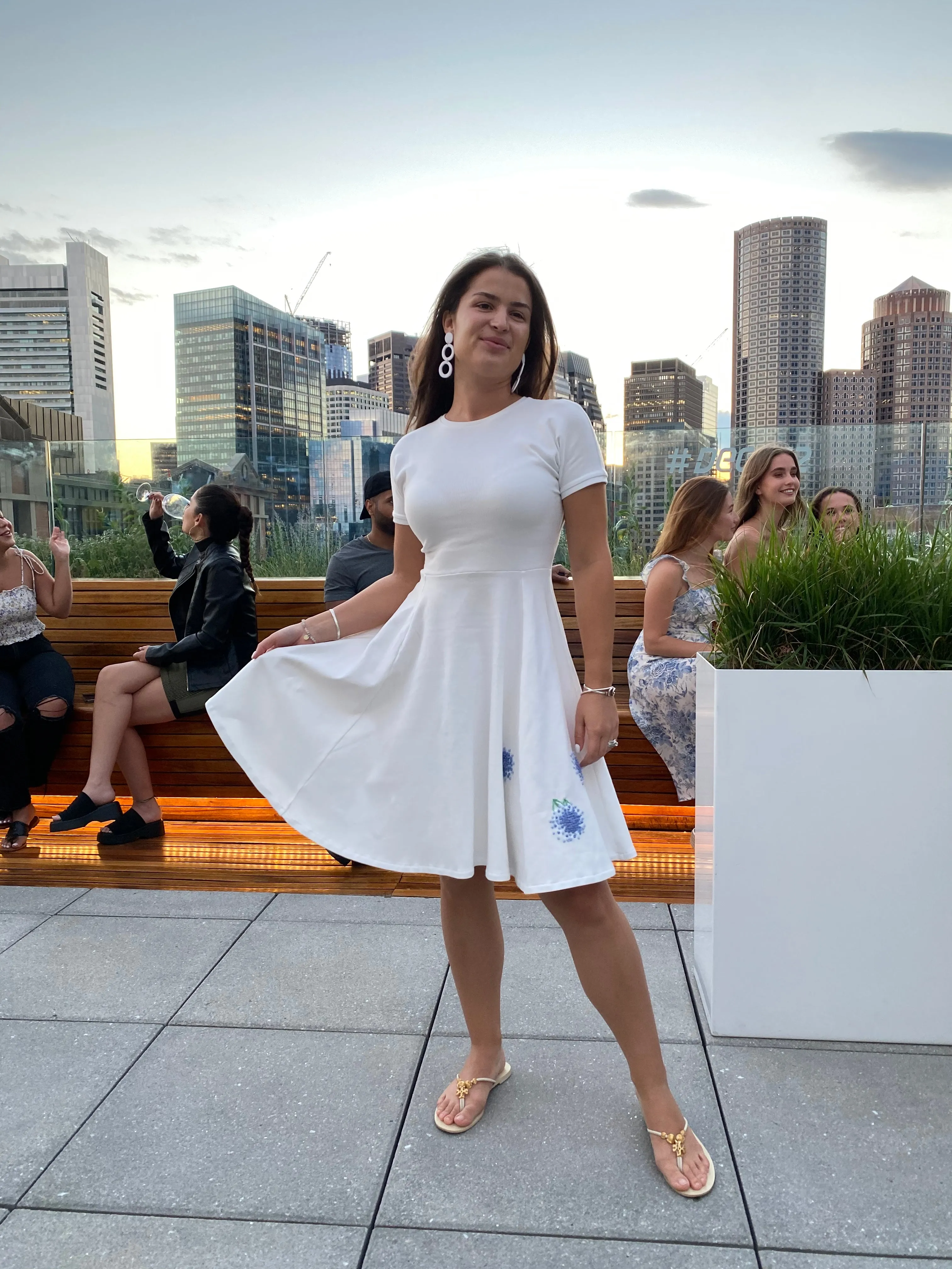 White Ribbed Cotton Classic Dress with Handmade Hydrangeas Embroidery