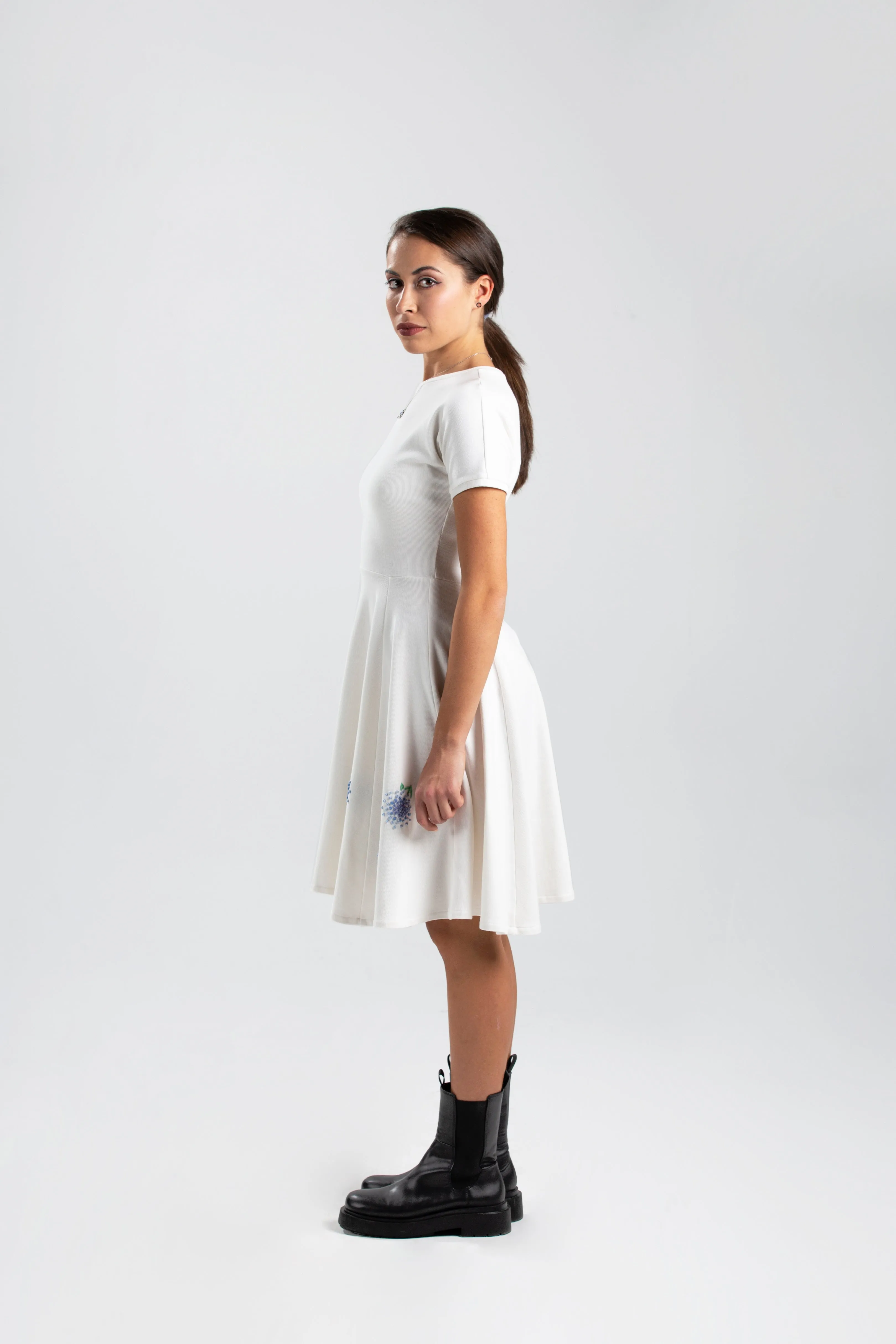 White Ribbed Cotton Classic Dress with Handmade Hydrangeas Embroidery