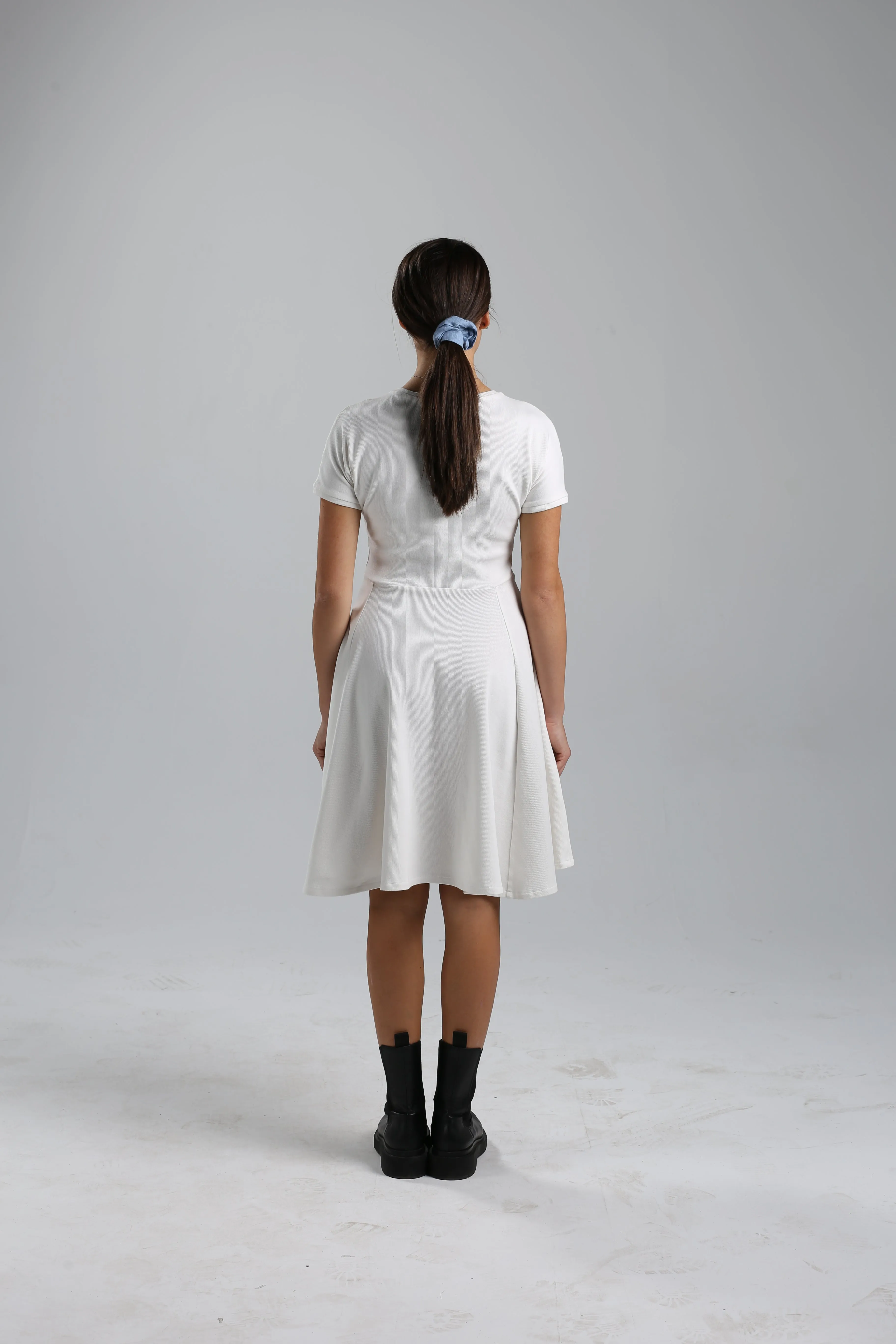 White Ribbed Cotton Classic Dress with Handmade Hydrangeas Embroidery