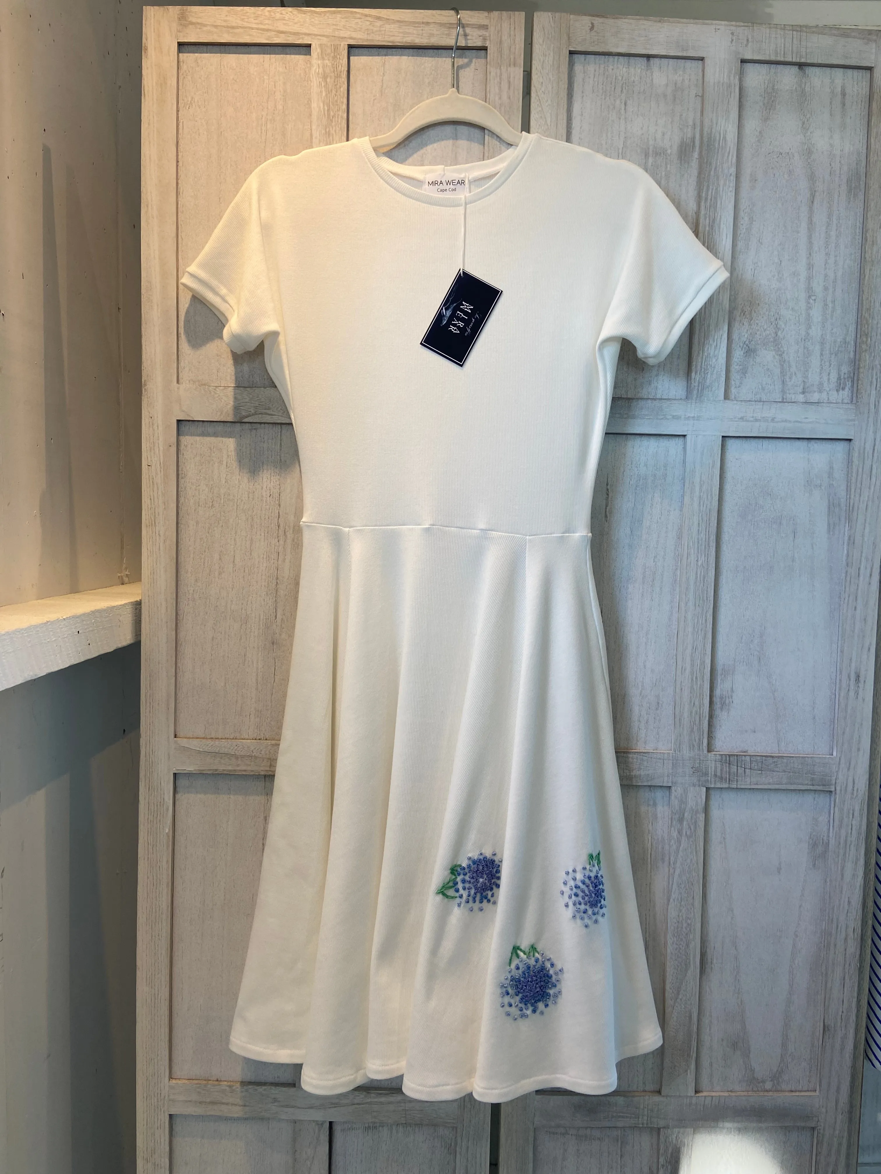 White Ribbed Cotton Classic Dress with Handmade Hydrangeas Embroidery