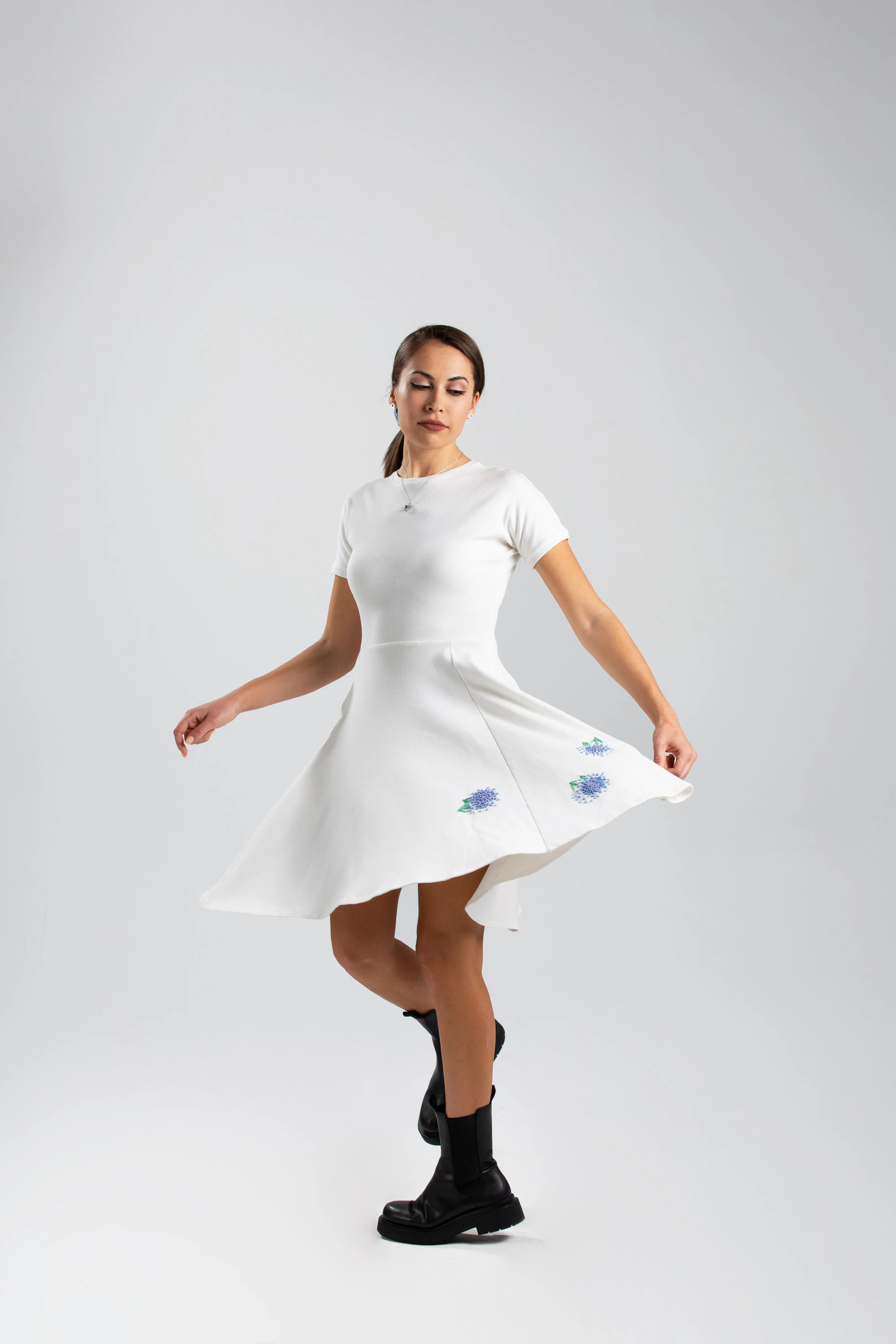 White Ribbed Cotton Classic Dress with Handmade Hydrangeas Embroidery