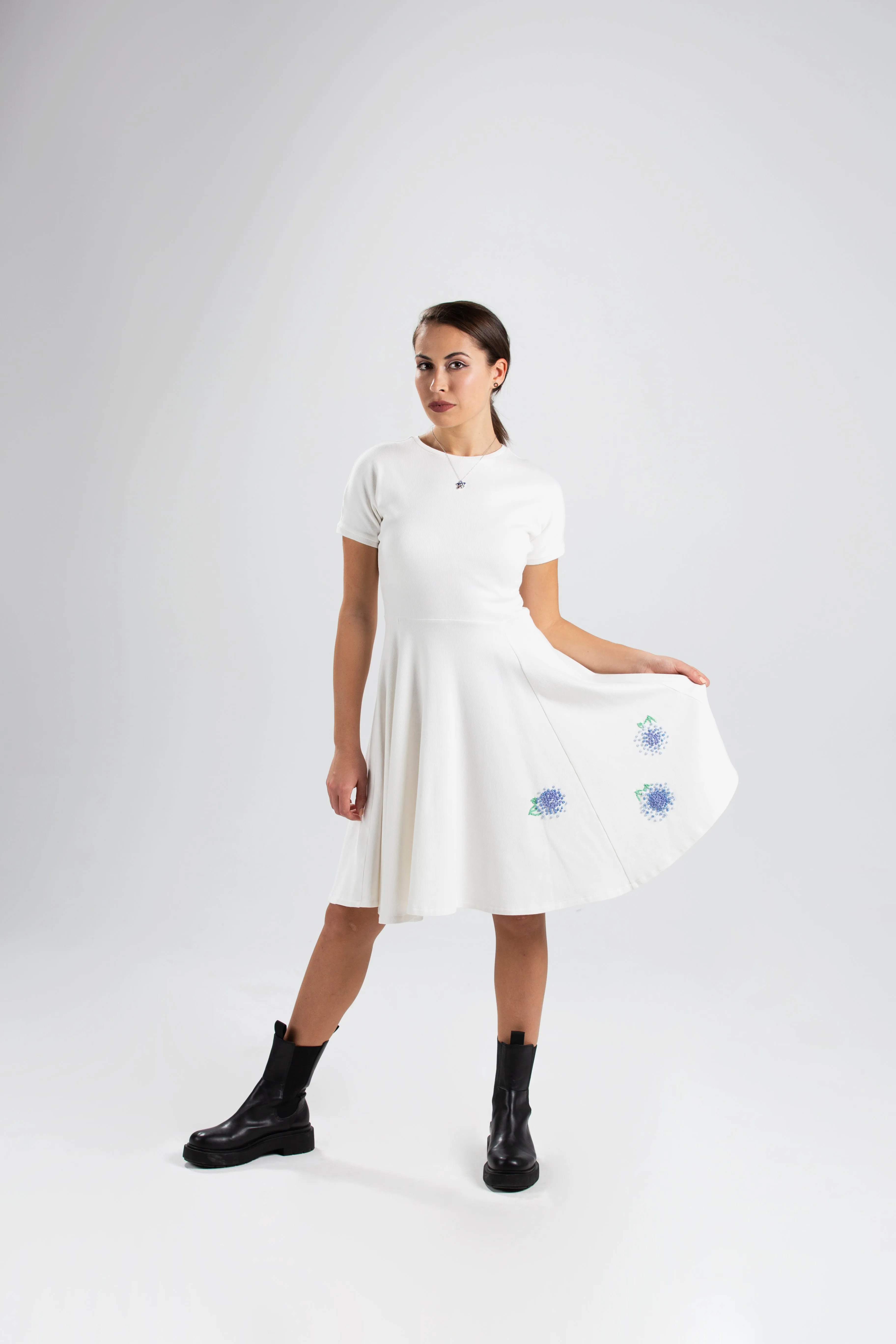 White Ribbed Cotton Classic Dress with Handmade Hydrangeas Embroidery