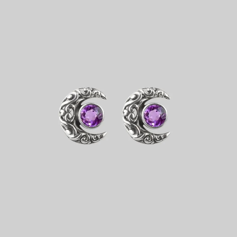 WISDOM. Silver Moon Crescent Earrings - Amethyst