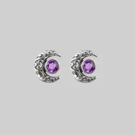 WISDOM. Silver Moon Crescent Earrings - Amethyst