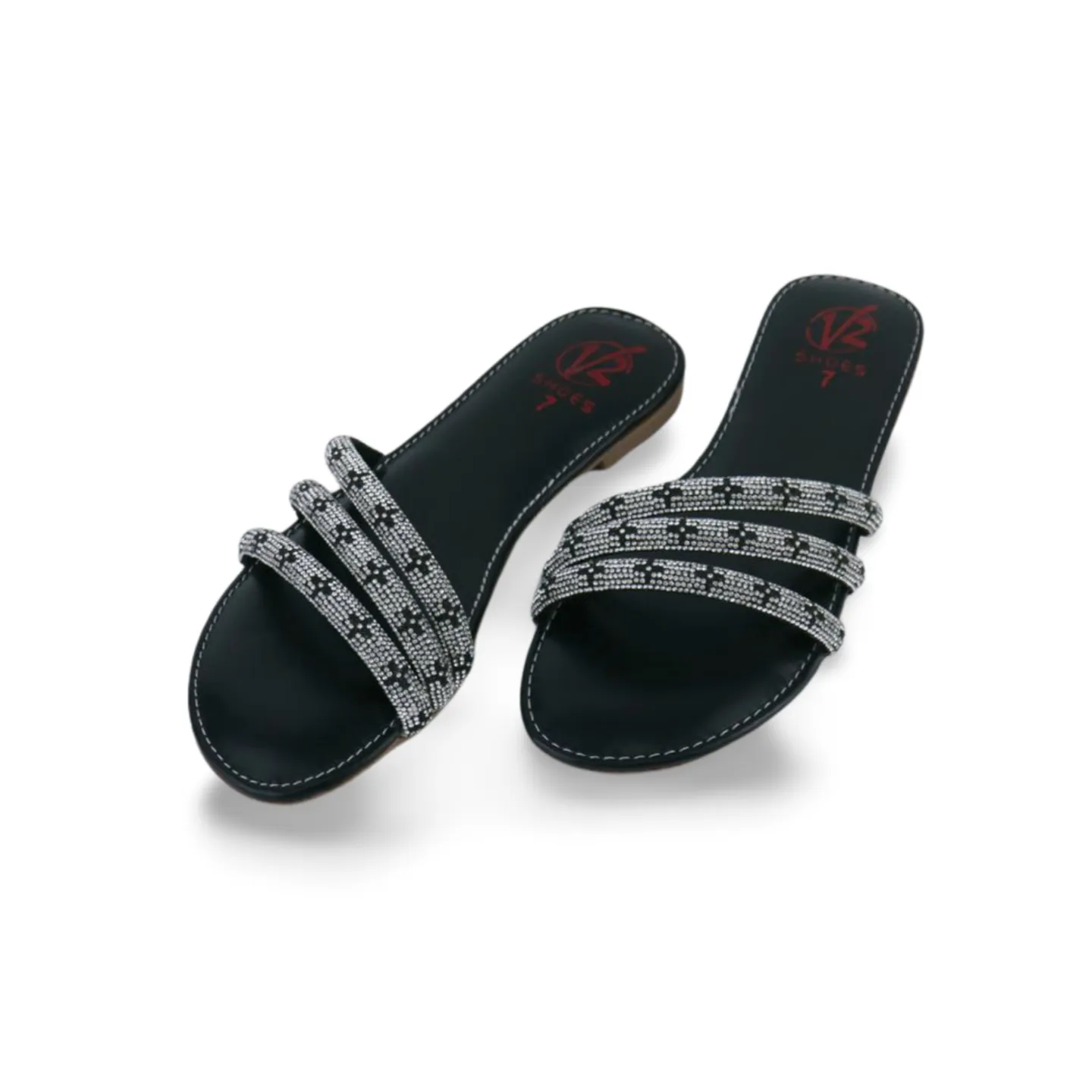 Women's Rhinestone Strap Flat Sandals, Slip on Soft Foam Open Toe Slide Sandals