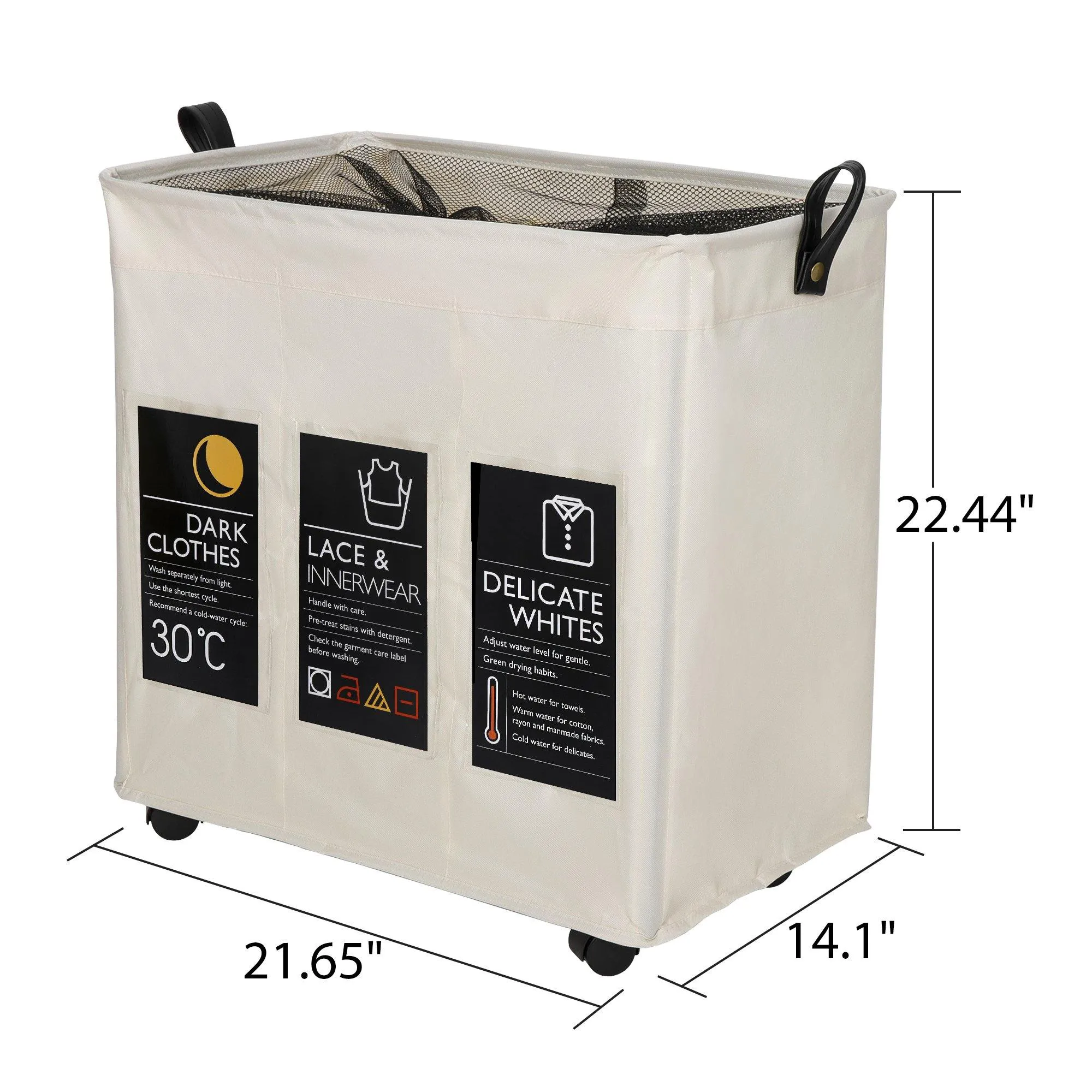 ZENY™ Collapsible 3 Sections Laundry Hamper Sorter Basket Bin for Bathroom Bedroom Home 135L, Beige